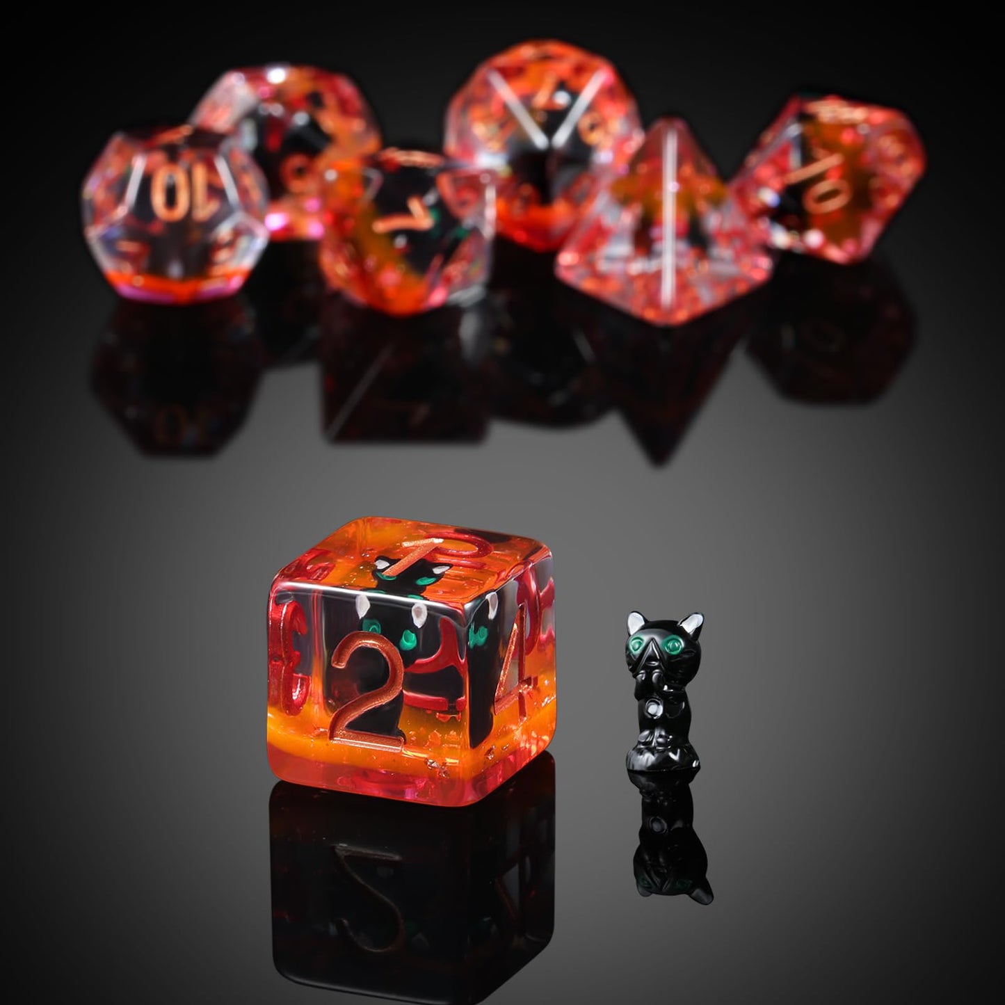 Black Cat Gaming Dice Set D&D, DNDND 7PCS Resin DND Dice with Velvet Bag for Dungeons and Dragons Role Playing Games and Tableto