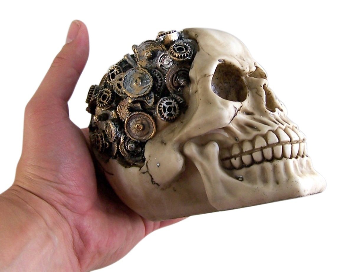 Pacific Trading Steampunk Cyborg Protruding Gear Work Human Skull Statue Clockwork Gear Design Skeleton Cranium Figurine
