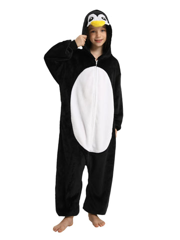 Lonulain Unisex Kids Animal Oneise Pajamas, Boys Girls Flannel Hooded Halloween Cosplay Costume/Homewear/Sleepwear (Penguin,11-1