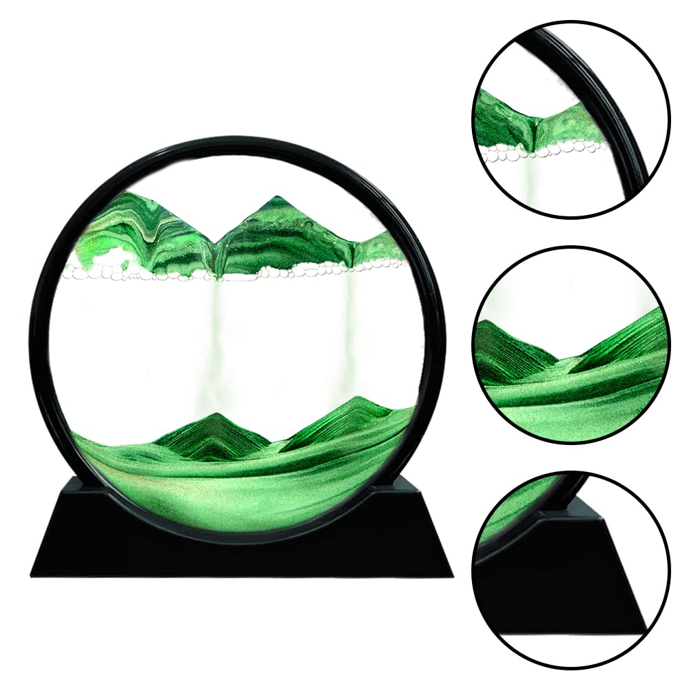 Muyan Moving Sand Art Picture Sandscapes in Motion Round Glass 3D Deep Sea Sand Art for mature-themed Kid Large Desktop Art Toys (7 Inch  Green)