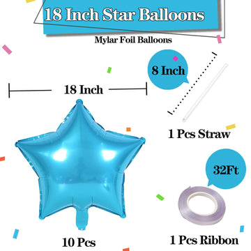 Kalor 18 Inch Light Blue Star Mylar Balloons, 10 Pcs Star Shape Foil Balloon Helium Balloons For Wedding, Baby Shower, Birthday Party Decorations