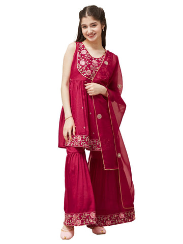 Curly Tales Alpha Chinon Embroidered Kurti Sharara Set For Girls | Ethnic Suits For Teens Rani