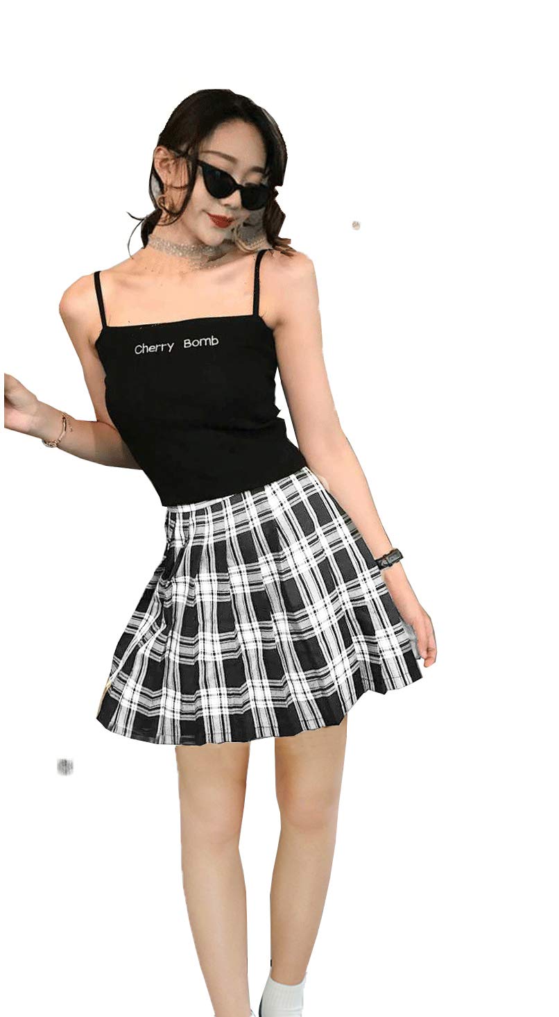 Women`S Plaid Flared British High School Pleated Skirts (4Xl,White Black)