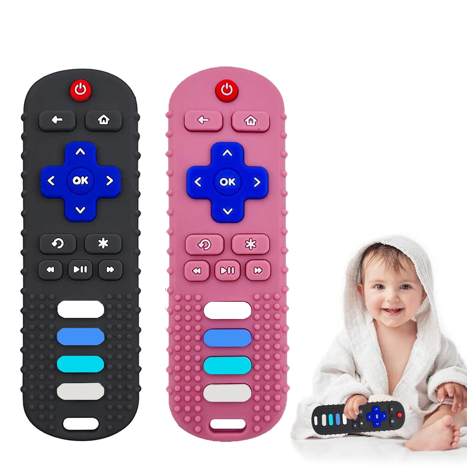 Baby Teether Toy, Tv Remote Control Shape Teething Baby Toys For Infants, Baby Chew Remote Teether Toys For Babies 3-24 Months,Bpa Free(Black+Pink)