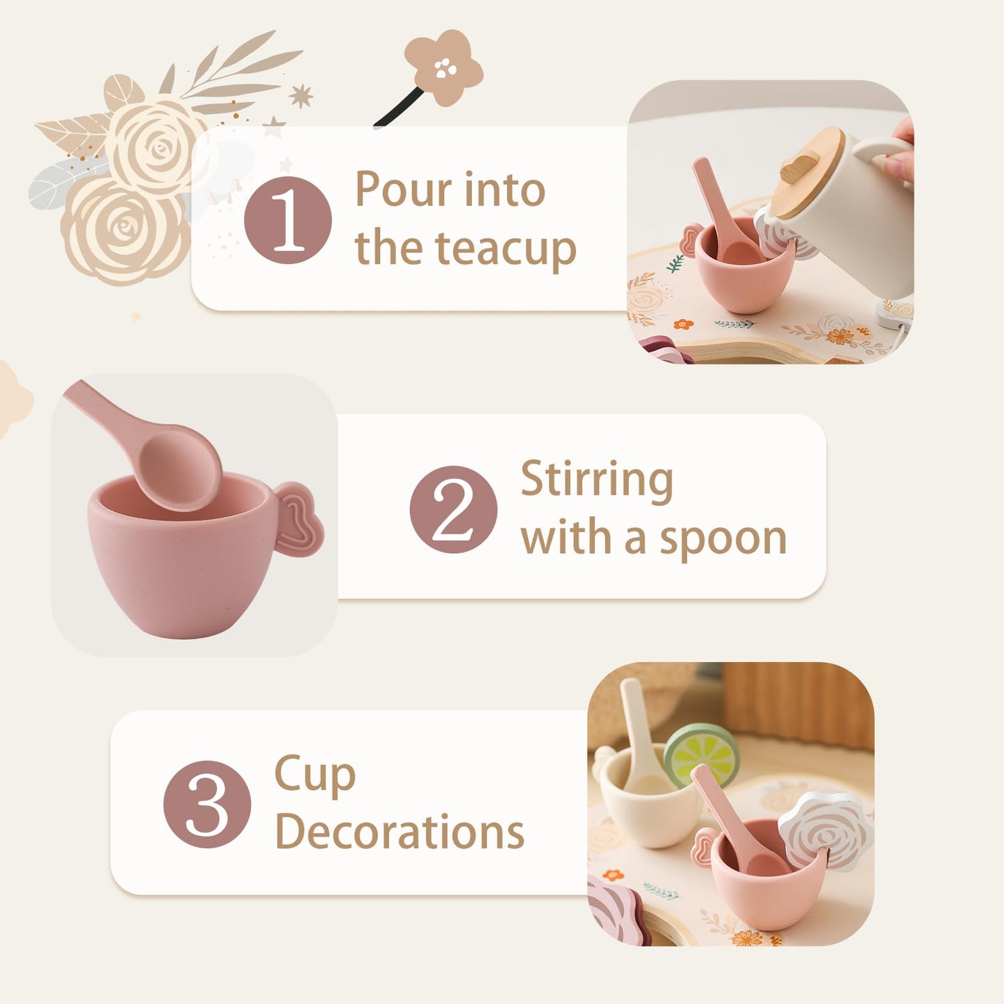 Tea Party Set for Little Girls, Silicone & Wooden Tea Set for Toddler with Silicone Teapot Cups Carrying Tray Scoop, Pretend Pla