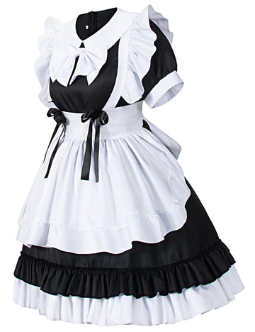Girl Sweet Kawaii Costume Dress Anime French Maid Cosplay Furry Cat Ear Gloves Socks Set(Black M)