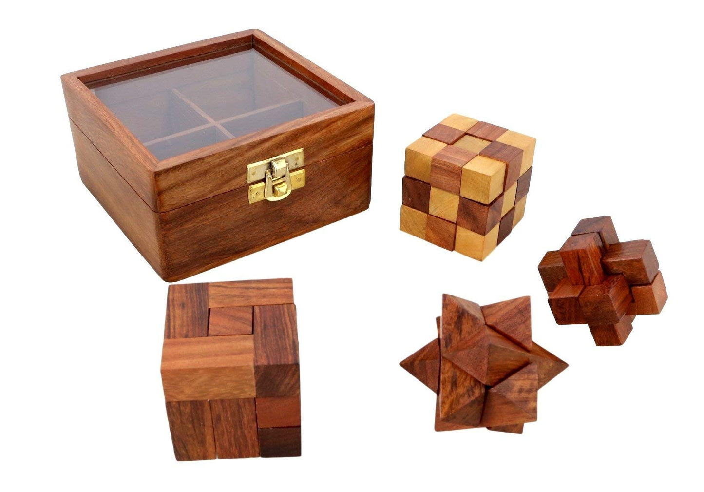 Ajuny 4-In-1 Wooden Puzzle Box - 3D Puzzles & Brain Teaser Games For Adults, Wooden Puzzles, Logic Iq Brain Games, Rustic Decor, Unique Gift For Christmas & Birthday