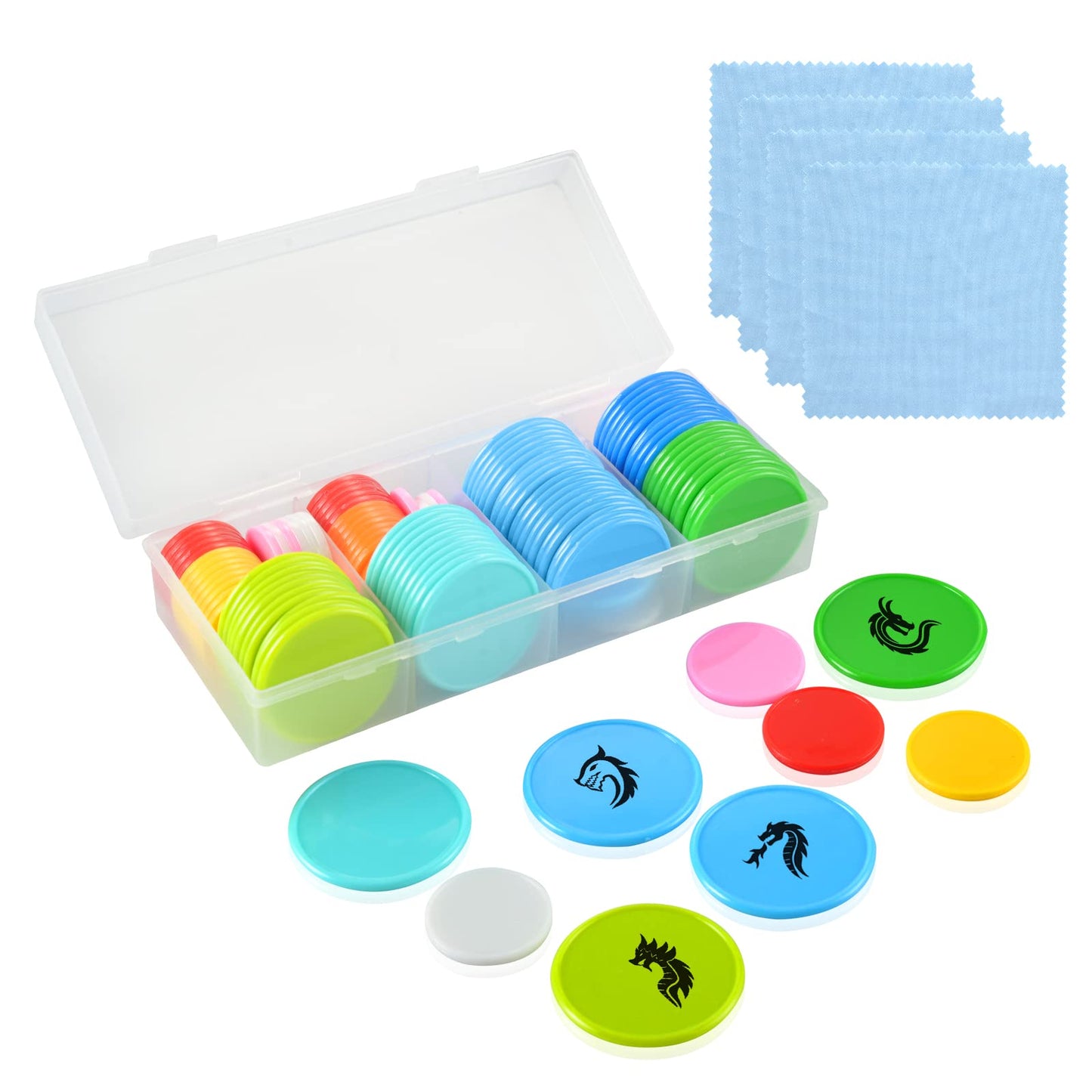 100 Pcs 1 Inch Dry Erase Tokens Game Tokens Set Dry Erase with A Storage Box and 4 Wipes Reusable Game Discs for Tabletop Games DIY Plastic Learning Counters Chips 1Inch and 1.5 Inch