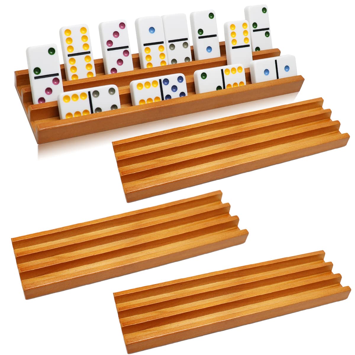 Exqline Wooden Domino Racks Trays Holders Organizer(Set of 4) - enhanced Domino Tiles Holder Racks for Mexican Train Dominoes Games - Dominos NOT Included