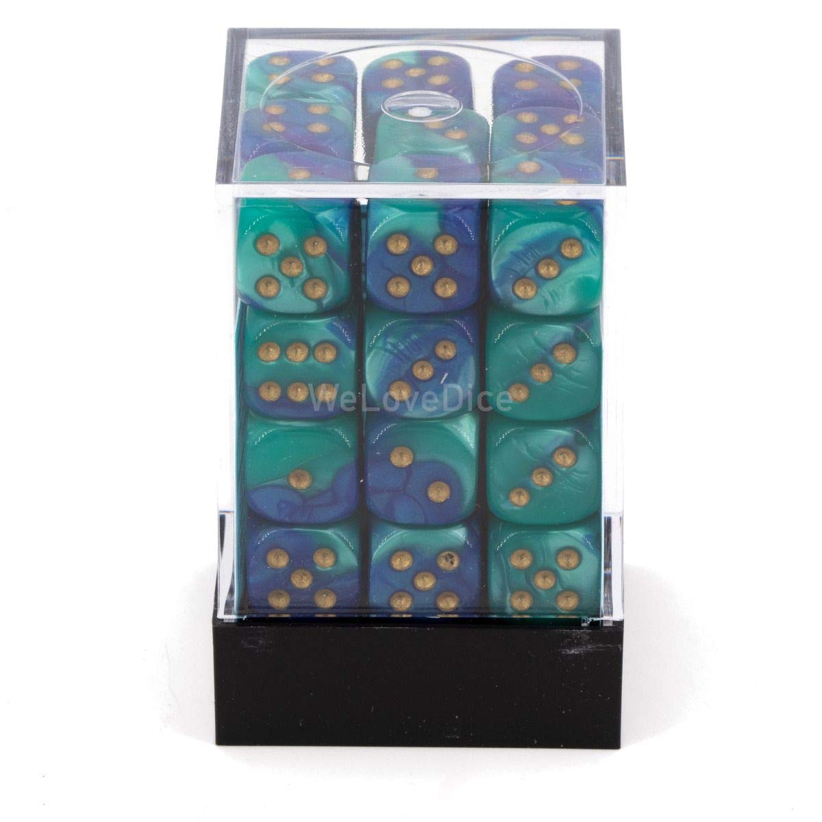 Chessex Dice d6 Sets: Gemini Blue / Teal with Gold - 12mm Six Sided Die (36) Block of Dice