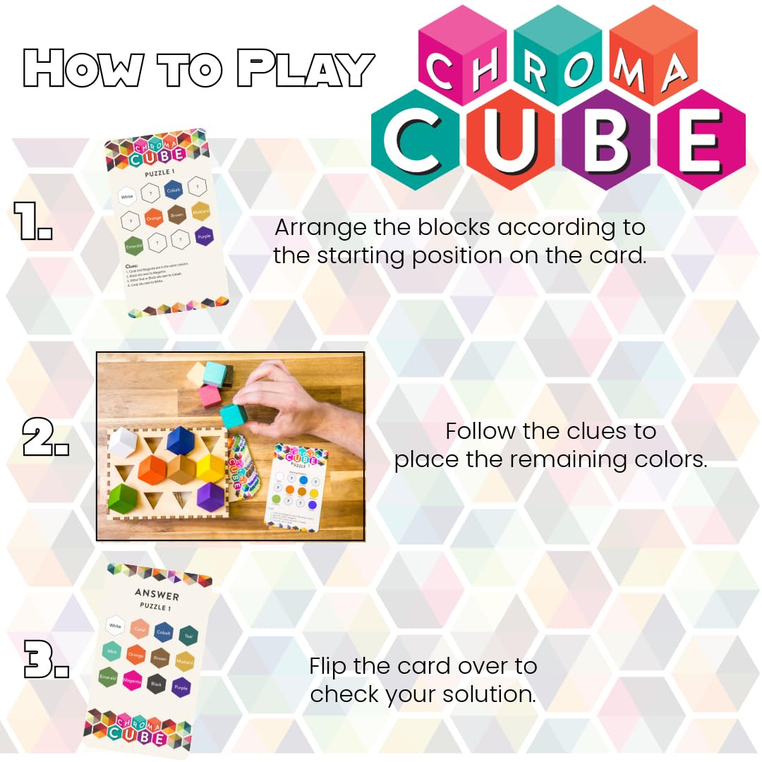 Project Genius Chroma Cube - Colorful Logic Puzzle with 12 Wood Blocks & 25 Brainteaser Cards - Fun 1 Player Game, Multi Color