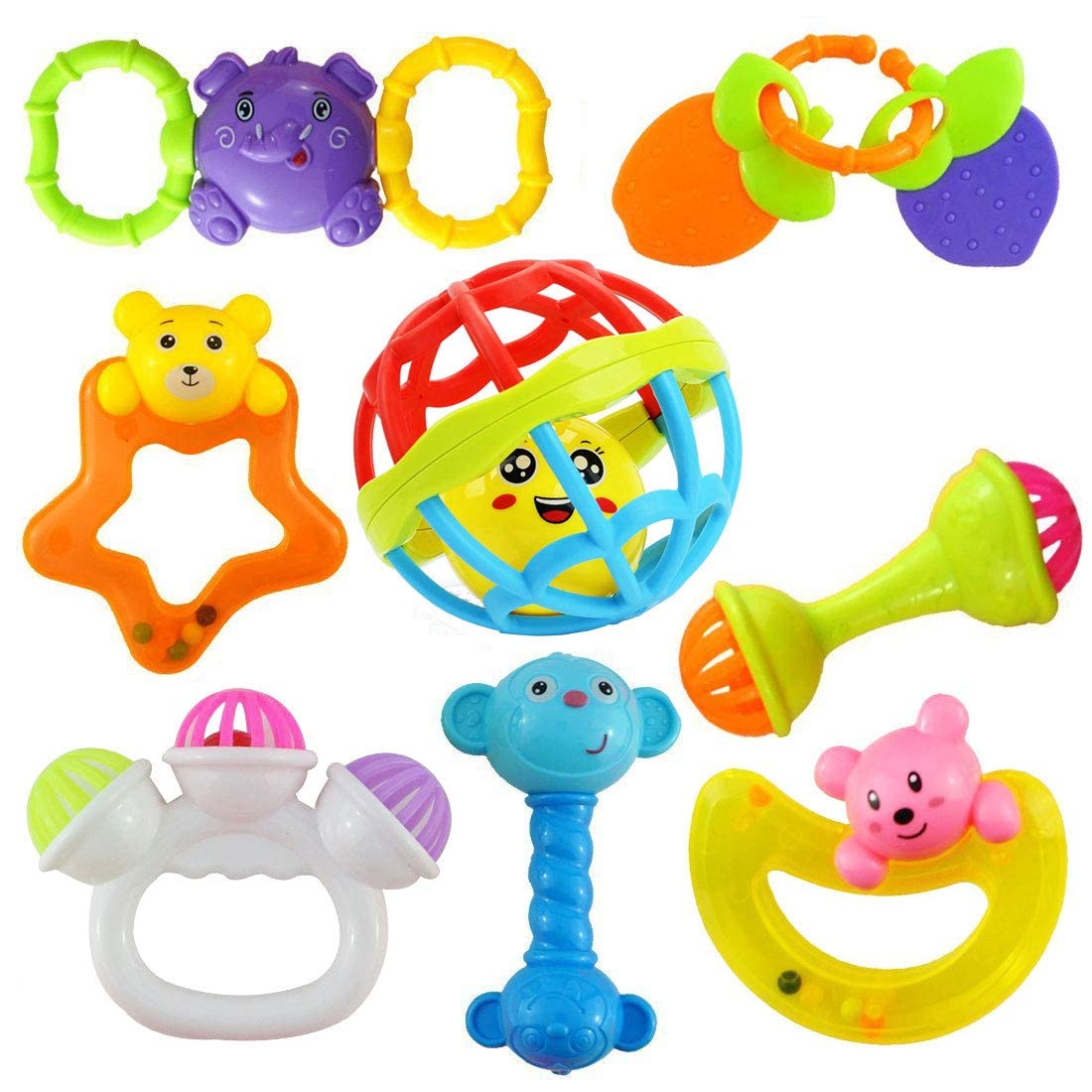 Dandur 9 Piece Colorful Baby Rattle Toy Set With Animal Shapes, Early Learning Development Toys For Infants, Toddlers Or Prescho