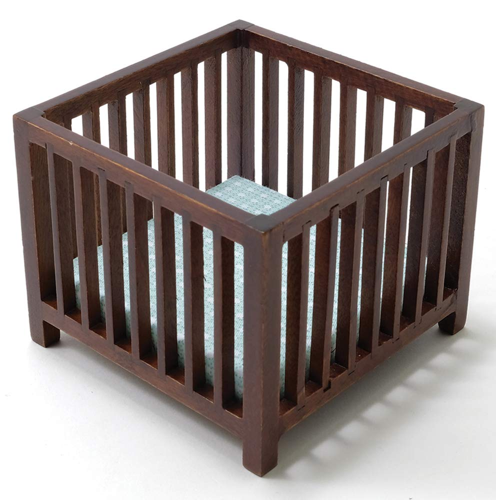 Classics By Handley Dollhouse Miniature Walnut Slatted Play Pen With Blue Fabric