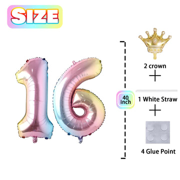 16 Number Balloon Rainbow 40 Inch Big Foil Crown Helium 16Th Balloons For 16 Year Old Boy Girl Birthday Party Decorations Weddin