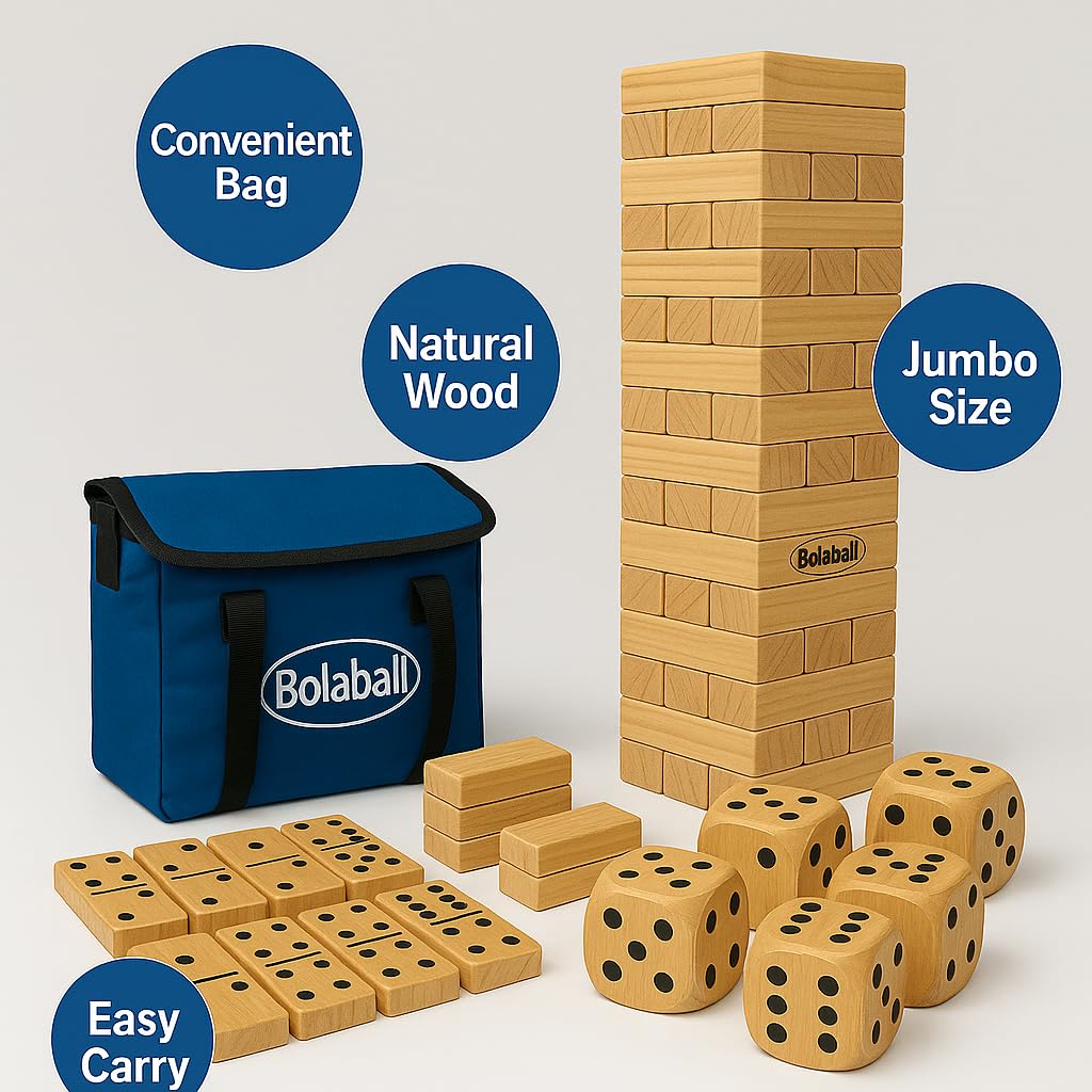 Outdoor Game Set Including 45 Giant Tumbling Blocks, 28 Giant Dominoes, and 6 Giant Dice, Giant Outdoor Games for Family Fun, Se