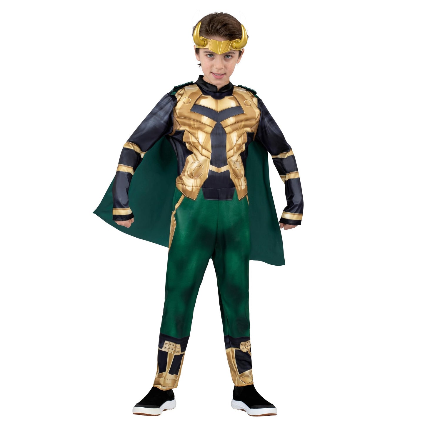 Marvel Loki Official Youth Halloween Costume - Padded Jumpsuit With Detachable Cape And Plastic Headpiece (S) Multi