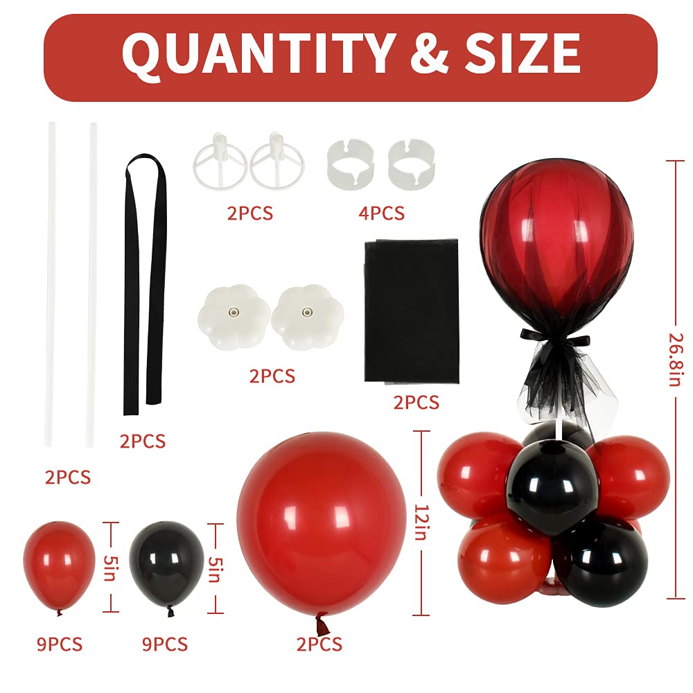 Toniful 2 Set Table Centerpiece Mouse Decorations Balloons Stand Holder Kit With Tulle Cover 20 Pcs Black Red Latex Balloons For