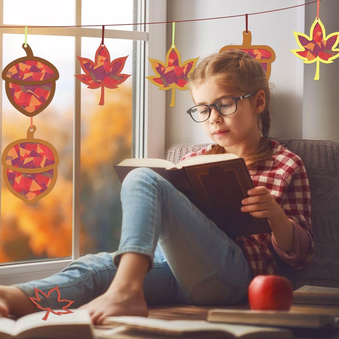 Zliisang 24PCS Make You Own Fall Crafts Kit Bulk Maple Leaf Acorn Paper Suncatchers DIY Kit for Autumn Thanksgiving Classroom Ac