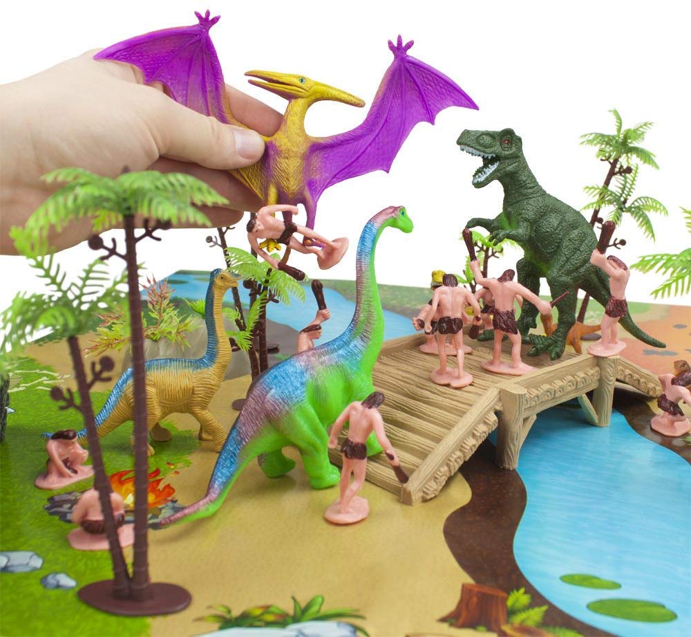 Imagination Generation Prehistoric Playset - 100 Pieces Mini Dino Figures, Educational Booklet, Play Mat & Storage - TCFG-002