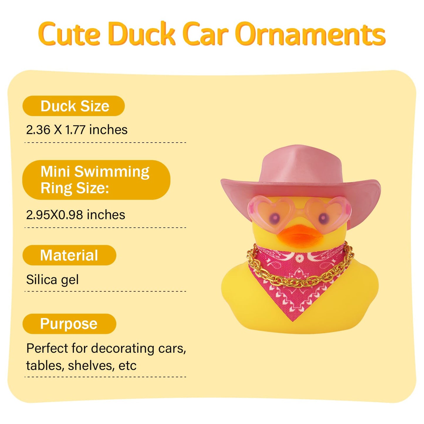 Wonuu Car Rubber Cowboy Duck, Yellow Ducks Decoration Dashboard With Cowboy Hat Necklace Sunglasses, Glitter Pink