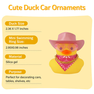 Wonuu Car Rubber Cowboy Duck, Yellow Ducks Decoration Dashboard With Cowboy Hat Necklace Sunglasses, Glitter Pink