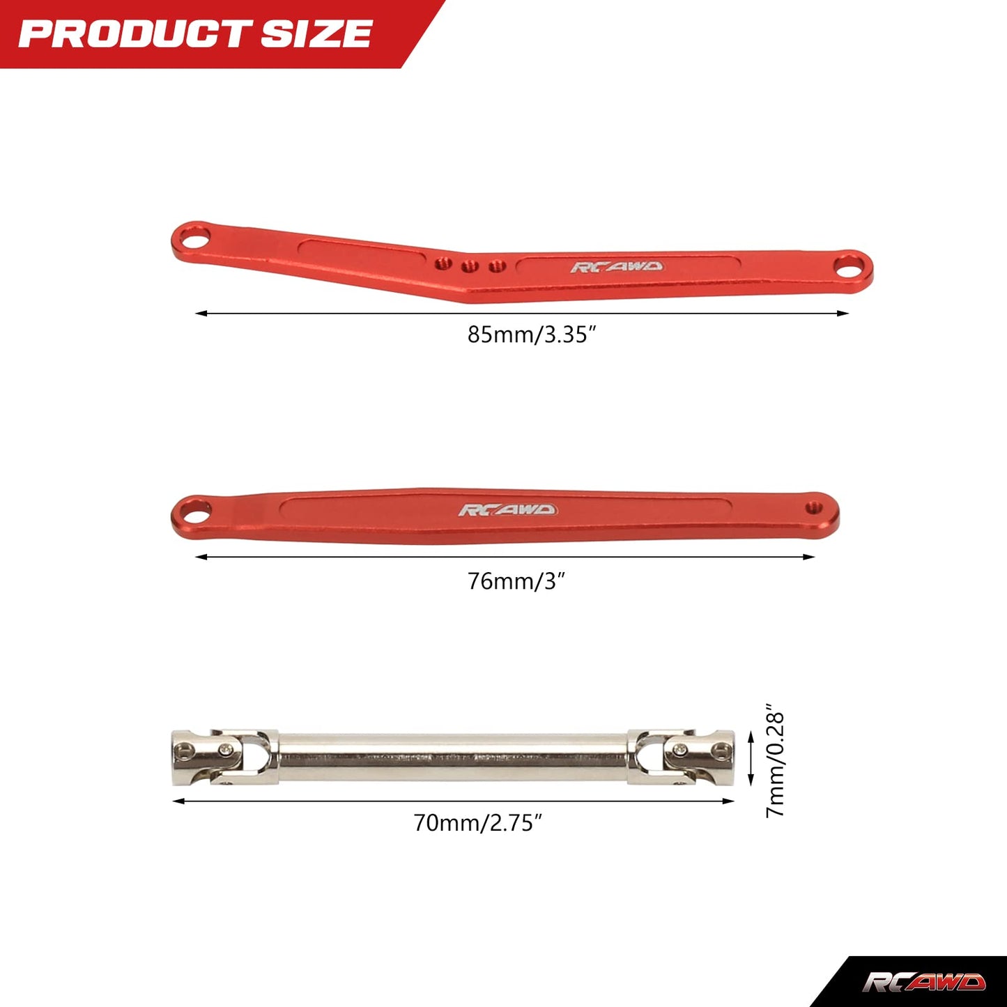 RCAWD 35mm Extended Upper & Lower Linkage & 70mm CVD Center Drive Shaft Upgrades Parts for FMS FCX24 1/24 Crawlers Red