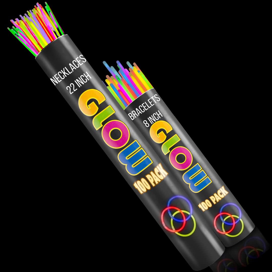 Crown Display Glow Sticks Party Package Includes 100 X 22 Glow in The Dark Necklaces & 100 X 8 Light Up Bracelets Comes in A Variety of Colors & Added Bonus Connectors