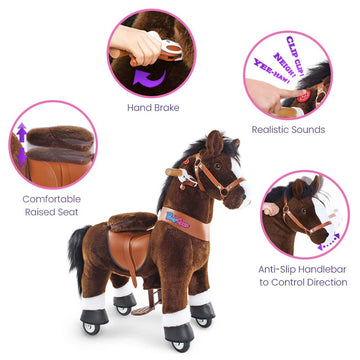 Ponycycle Ride On Horse Toy Walking Rocking Horses Classic Model U (With Brake/ 36' Height/Size 4 For Age 4-8 Boy Gifts) Ride Horse Giddy Up Pony Animal Toys Chocolate Brown Ux421