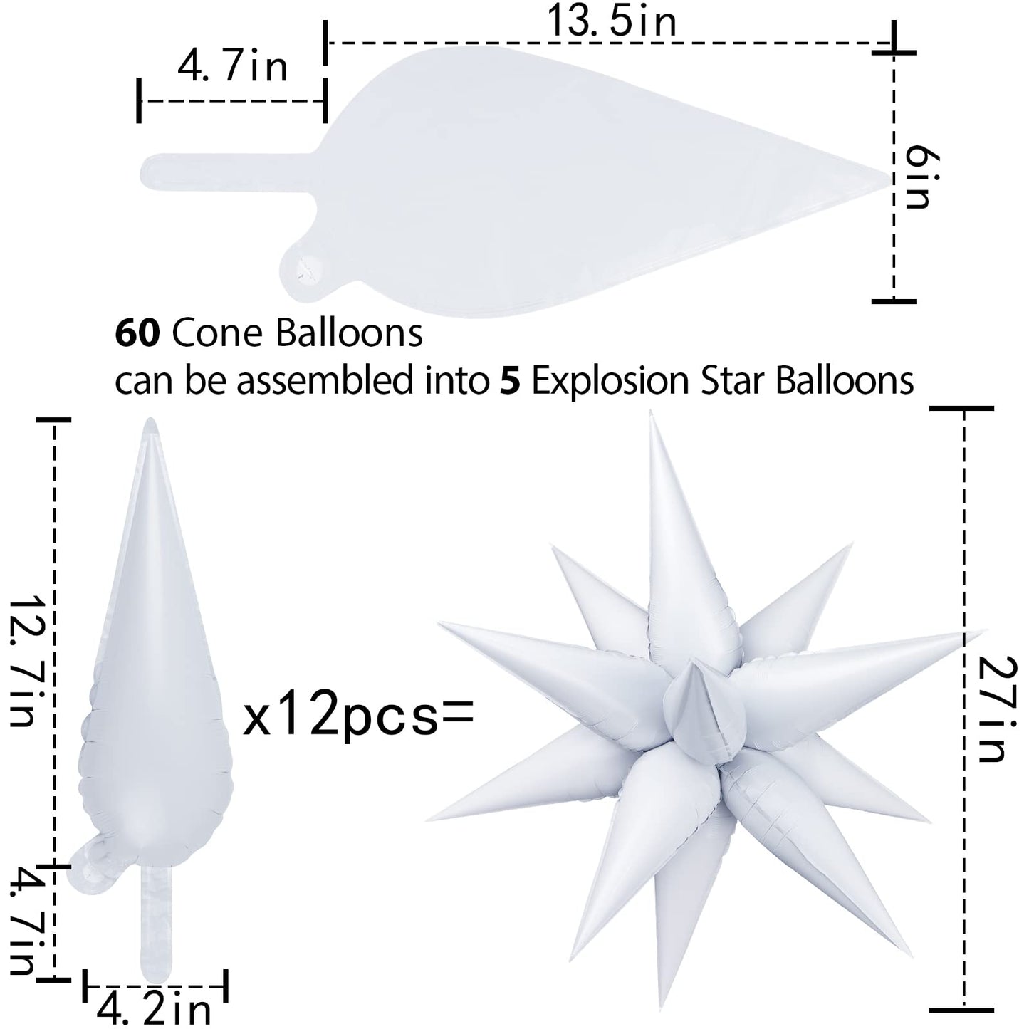 60 Pcs Star Foil Balloons Explosion 12 Point Cone Balloons Magic Starburst Balloons Large For Wedding Anniversary Backdrop Birth