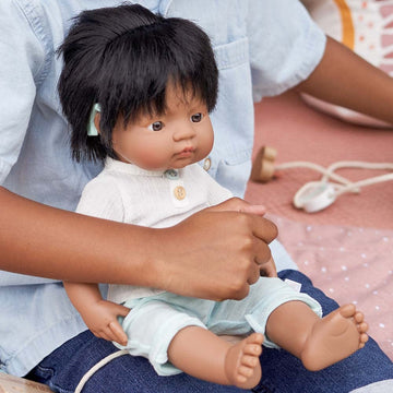 Miniland Doll 15'' Hispanic Boy With Hearing Implant (Polybag) - Made In Spain, Anatomically Correct, Quality, Inclusion