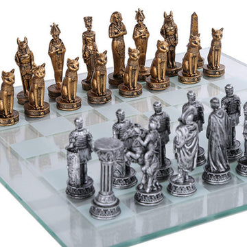 Pacific Giftware Silver Romans Vs Egyptians Chess Set with Glass Board - Classic Decorative Game for Collectors and Enthusiasts