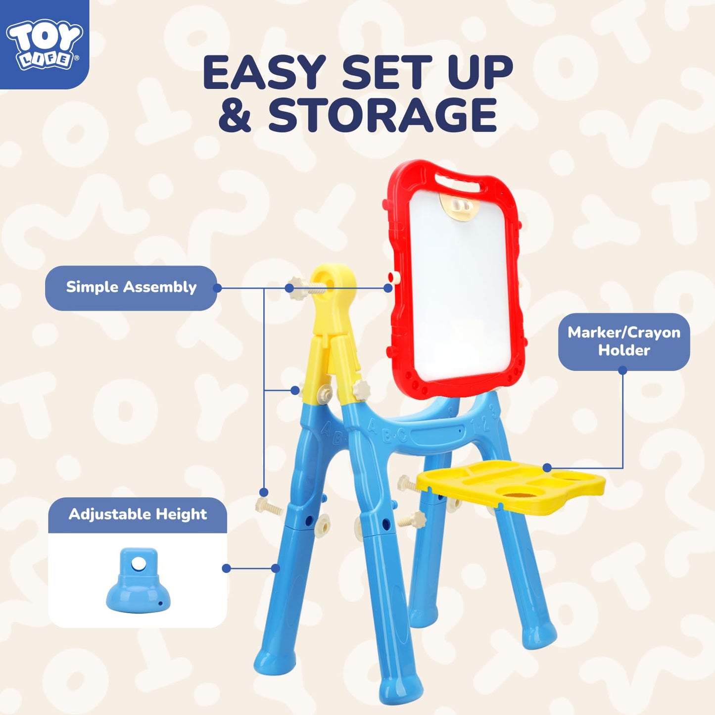 STEAM Life Large Art Easel for Kids, Double-Sided Magnetic Chalkboard & White Board, Height Adjustable, Blue & Red, Model SL-ESL-S
