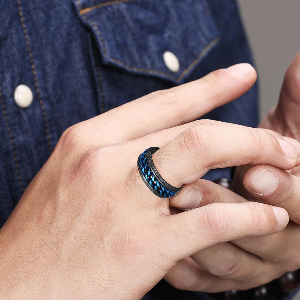 Udolfly Mens Fidget Rings Anxiety Rings For Men Womens Chain Spinner Rings For Adults Titanium Steel Ring Black Blue Size 9