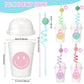 Yaomiao 32 Pack Smile Face Sipper Cups with Straws and Lids, 12 oz Clear Plastic Cups Happy Face Party Cups with Dome Lids Happy