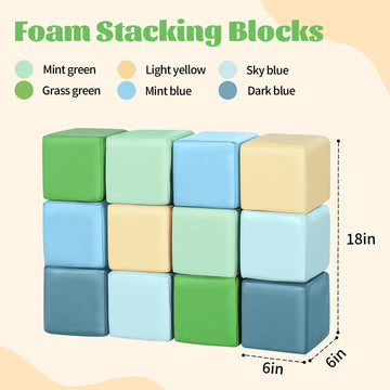 Todiby Foam Building Blocks for Toddlers:12-Pieces Wipeable Leather Stacking Cubes Kids - Large Soft Toys Play Set for Learning Construction Baby Preschool Daycare Therapy Birthday Gift (Yellow Green)