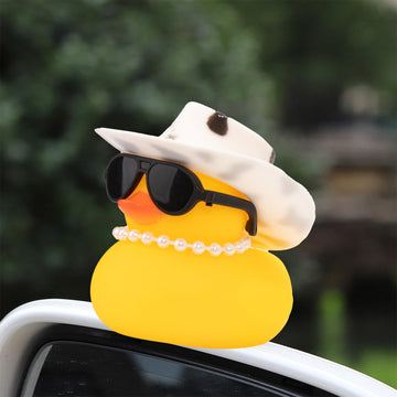 Wonuu Car Rubber Duck, Yellow Duck Decoration Dashboard With Sun Hat Swim Ring Necklace Sunglasses For Car Dashboard Decorations, Black White Cowboy Hat-Transparent-Small Pearl