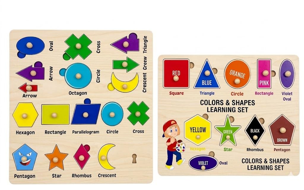 Wooden Geometric Shapes & Colors Learning Puzzle Boards 2 Pack Combo  Educational Montessori Peg Puzzles Set With Knobs For Tod
