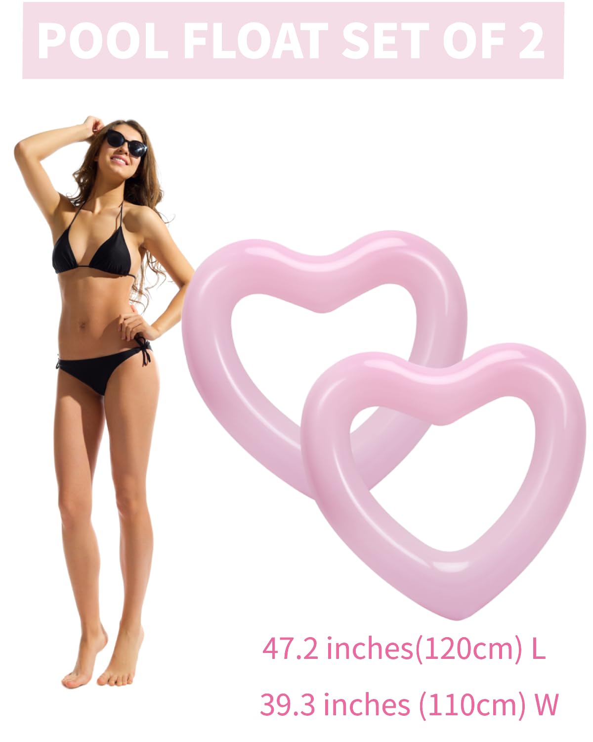 Heysplash Heart Pool Float, Heart Shaped Summer Swimming Pool Float Loungers Tube Ring Floatie, Water Fun Beach Party Toys For Adults, 2 Pack, 120 Cm Diameter - Pink