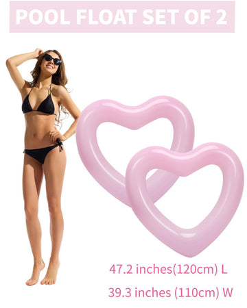 HeySplash Heart Pool Float - Large 120cm Pink Thickened Plastic Tube Ring Floatie - 2 Pack for Summer Water Fun