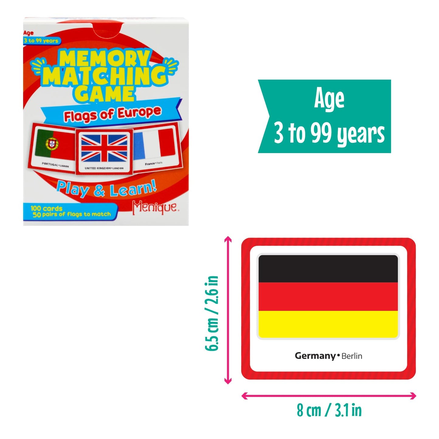 Menique Flags of Europe Memory Matching Game - 100 Cards (50 Pairs) with Flag, Country & Capital - Educational Geography Game fo