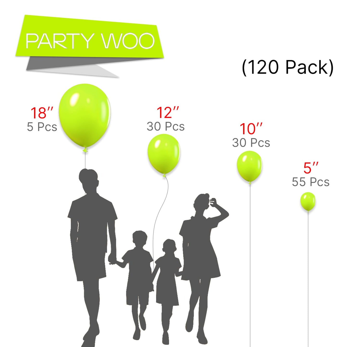 Partywoo Lime Green Balloons, 120 Pcs Lime Balloons Different Sizes Pack Of 18 Inch 12 Inch 10 Inch 5 Inch For Yellowish Green Balloon Garland As Birthday Decorations, Party Decorations, Green-Y6