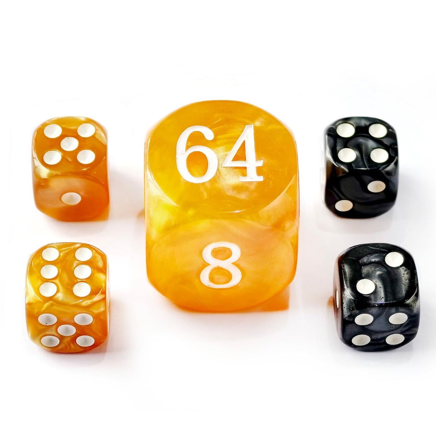 BESCON DICE 5pcs Backgammon Pearl Dice Set - 30MM Resin Doubling Cube with 4pcs 16MM Amber/Black Marbleized Dice