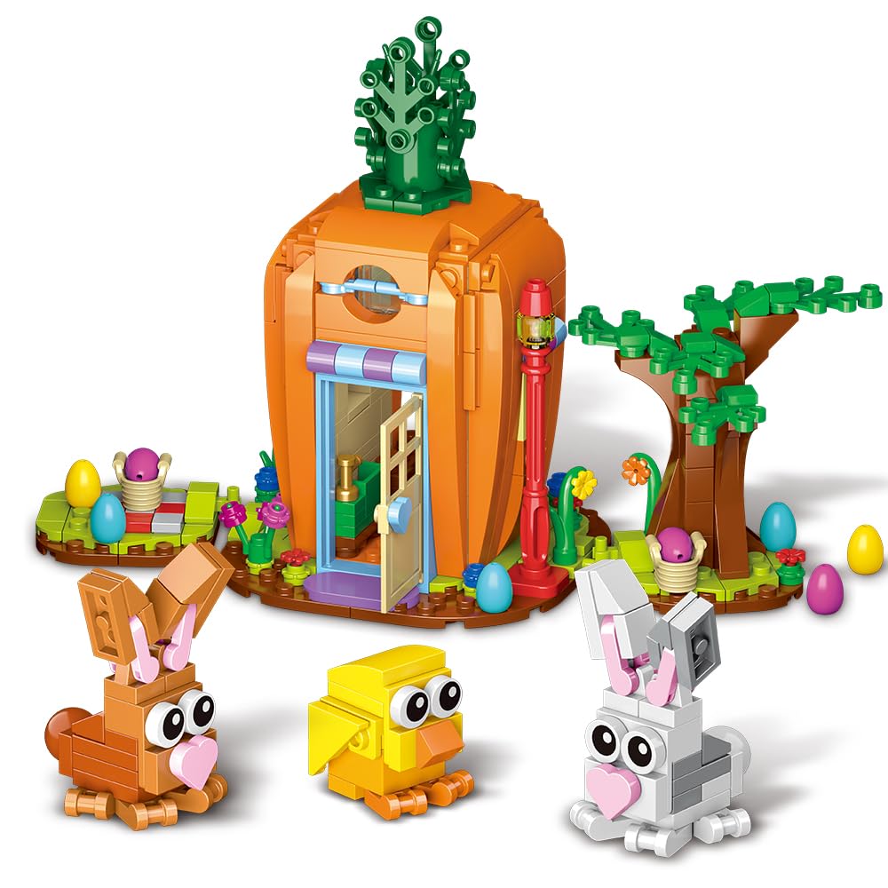 Jarsant Easter Bunny Carrot House Building Set, 2 Rabbits, Chick, Colorful Easter Egg and Basket Toy, Brickheadz Pets Building B