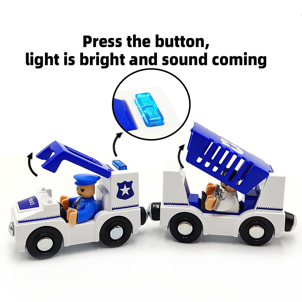 Wooden Train Cars Track Accessories Set Police Car With Light And Sound Small Vehicles Magnetic Train Cars Fit For Wooden Train