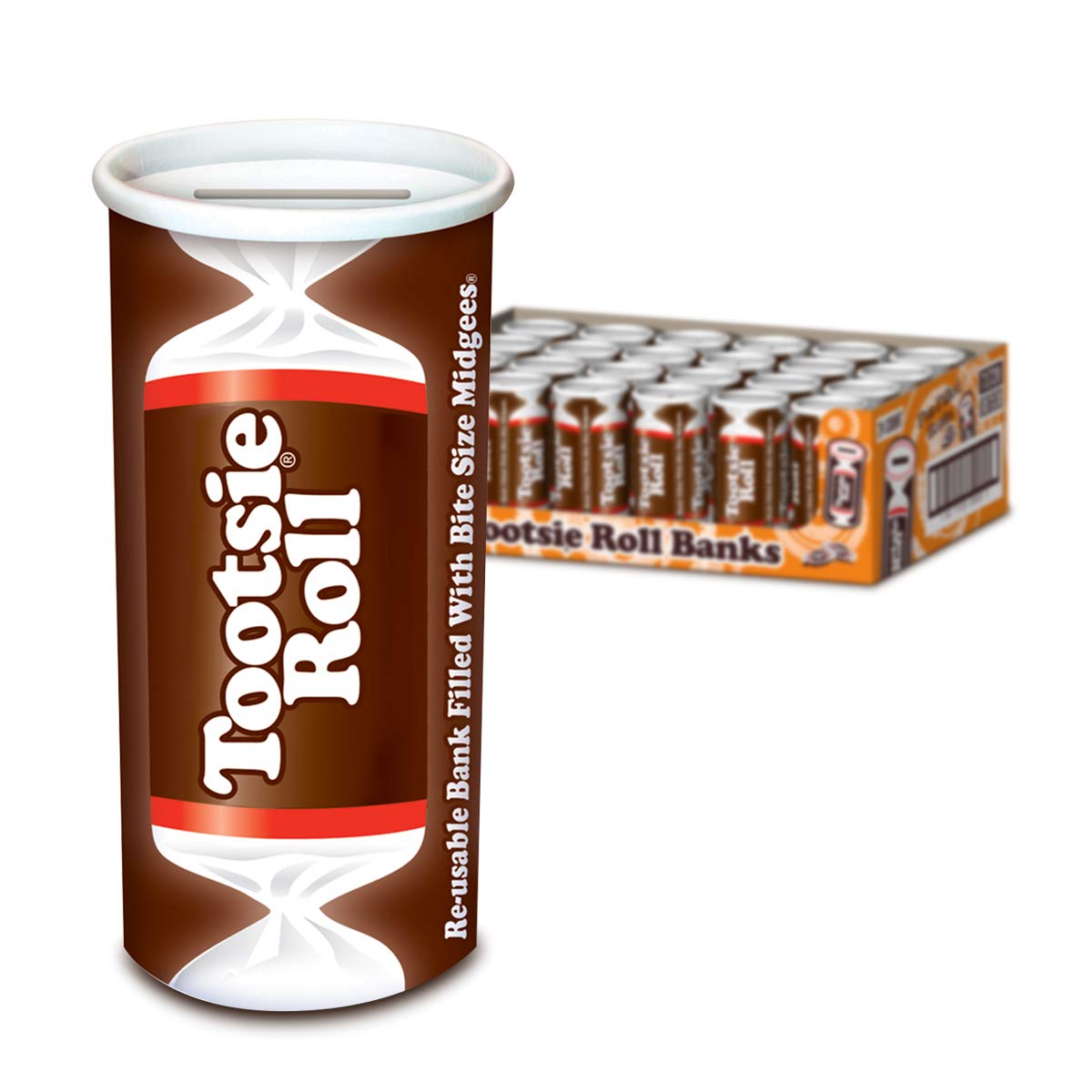 Tootsie Roll Bank, Reusable Piggy Bank Filled With Tootsie Roll Midgees, 4 Ounce (Pack Of 24)
