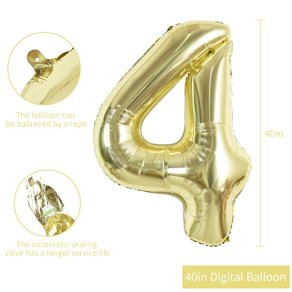 Toniful 40 Inch Light Gold Large Numbers Balloon 0-9 Birthday Party Decorations,Foil Mylar Big Number 4 Balloon Digital 4 For Bi