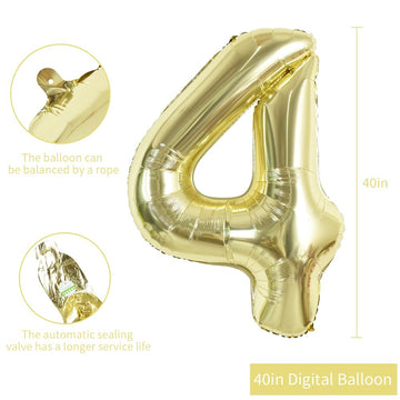 Toniful 40 Inch Light Gold Large Numbers Balloon 0-9 Birthday Party Decorations,Foil Mylar Big Number 4 Balloon Digital 4 For Bi