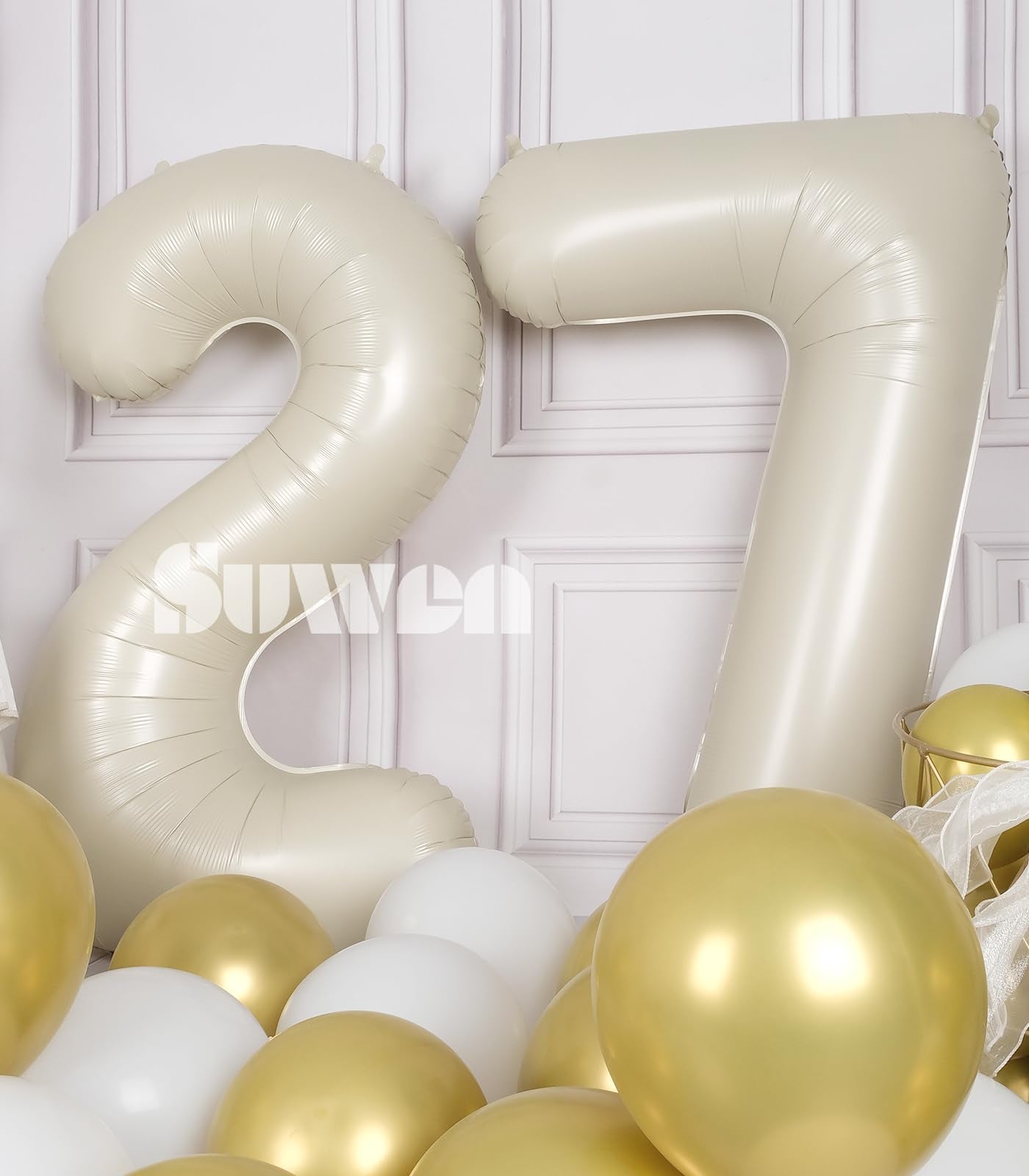 Suwen 40 Inch Large Cream White 27 Balloon Numbers Big Foil Helium Number Balloons 0-9 Jumbo Happy 27Th Mylar Birthday Party Dec