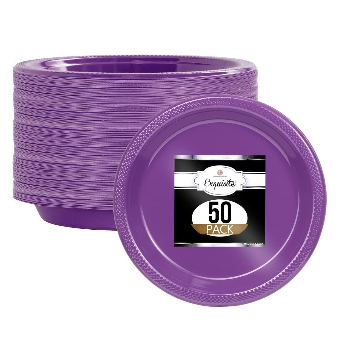 Exquisite 10 Inch. Purple Plastic Plates - 50 Count - Round Solid Color Disposable Plates -PurpleDinner Party Plates For All Occ