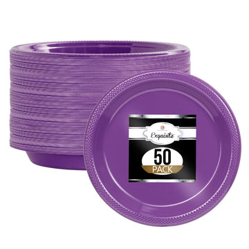 Exquisite 10 Inch. Purple Plastic Plates - 50 Count - Round Solid Color Disposable Plates -PurpleDinner Party Plates For All Occ